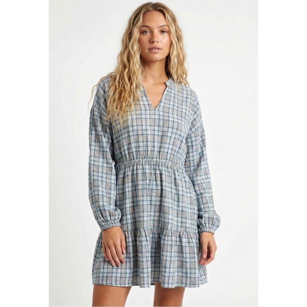 Sadie & Sage Plaid Mini Dress Small NWT Blue Gray Cotton Boho Chic Western